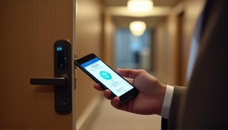 Hóspede a usar smartphone para check-in móvel